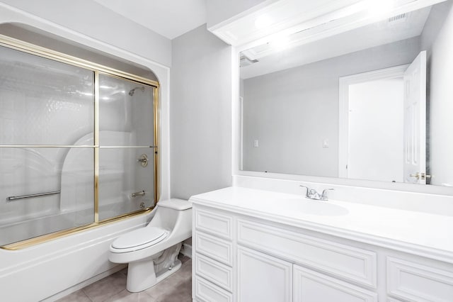 full bathroom featuring vanity, tile patterned flooring, visible vents, toilet, and enclosed tub / shower combo