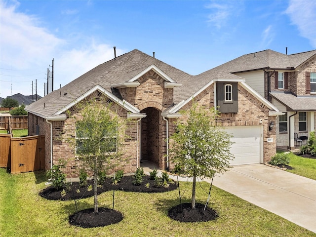 view of front of home featuring a garage, a front yard, fence, brick siding, and driveway
