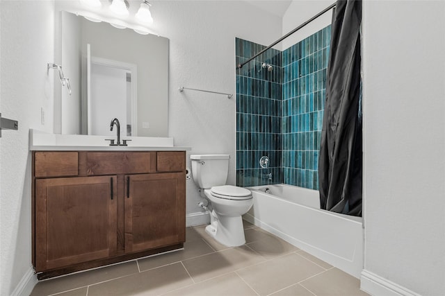 bathroom with vanity, a textured wall, tile patterned flooring, toilet, and shower / bathtub combination with curtain