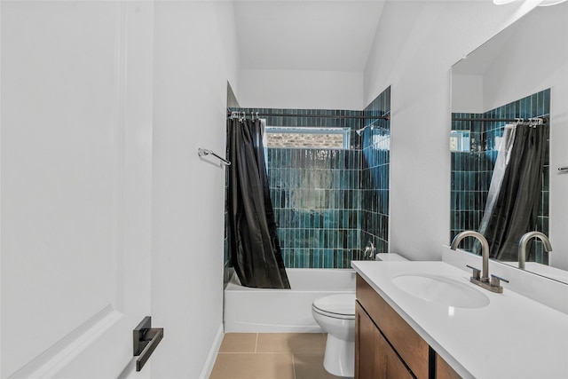 bathroom featuring shower / bath combo, tile patterned floors, vanity, and toilet