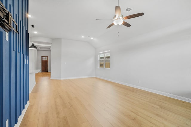 empty room with visible vents, light wood-style flooring, recessed lighting, and ceiling fan