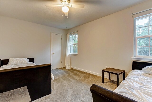 bedroom with baseboards, multiple windows, and light colored carpet