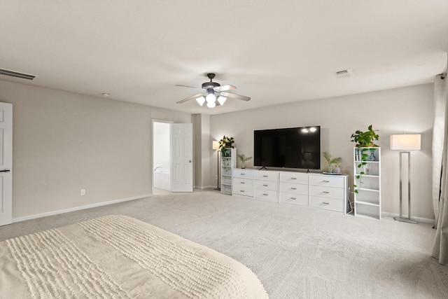 bedroom with light carpet, visible vents, baseboards, and a ceiling fan