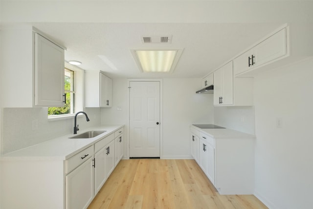 kitchen with light wood finished floors, a sink, black electric cooktop, and white cabinets