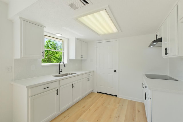 kitchen featuring white cabinetry, under cabinet range hood, visible vents, light wood finished floors, and a sink