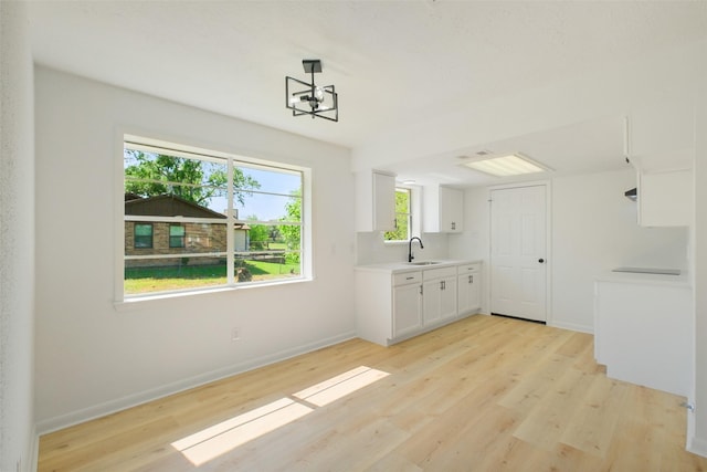 unfurnished dining area featuring baseboards, light wood-type flooring, and a sink