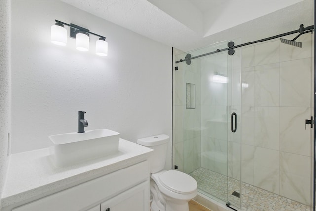 bathroom featuring toilet, a stall shower, and vanity