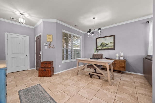 6857 Dogwood Cliff Ln, Dickinson, TX 77539 - office space with crown molding, an inviting chandelier, baseboards, and visible vents