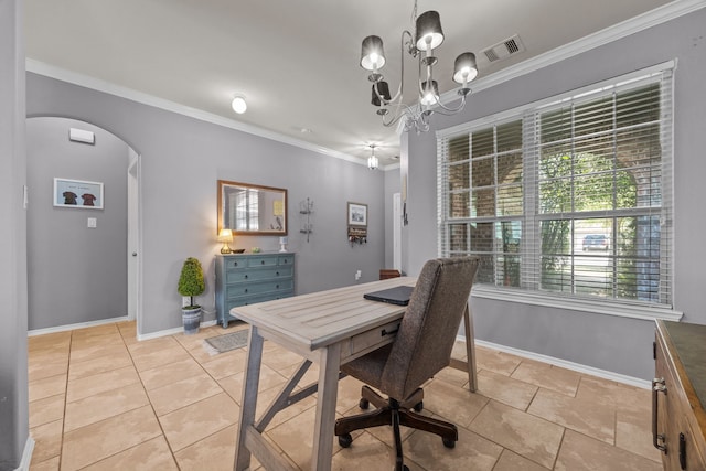 6857 Dogwood Cliff Ln, Dickinson, TX 77539 - office with arched walkways, baseboards, ornamental molding, and light tile patterned flooring