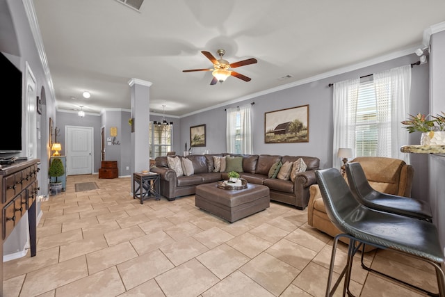 6857 Dogwood Cliff Ln, Dickinson, TX 77539 - living room with light tile patterned flooring, crown molding, ceiling fan, and visible vents