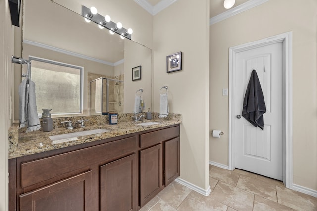 6857 Dogwood Cliff Ln, Dickinson, TX 77539 - bathroom with a sink, baseboards, a stall shower, and crown molding