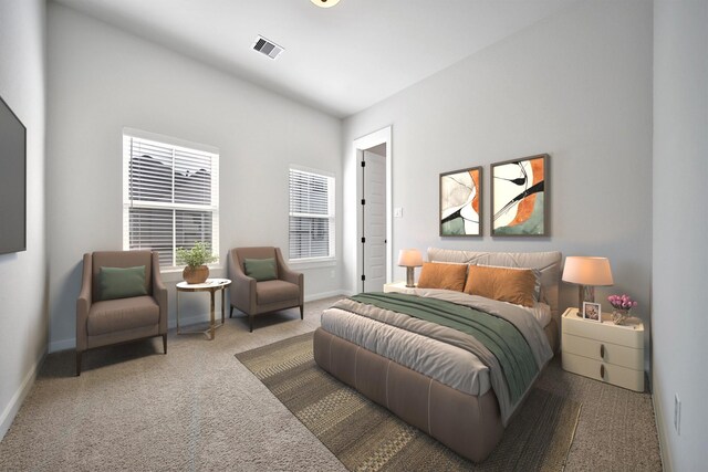 carpeted bedroom featuring visible vents, baseboards, and lofted ceiling
