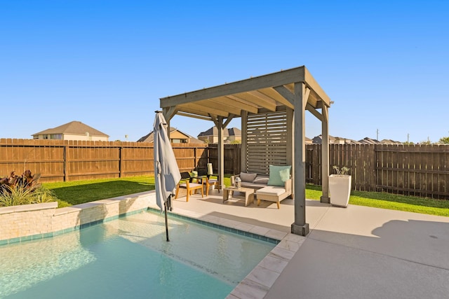 view of pool with an outdoor living space, a patio, a fenced in pool, and a fenced backyard