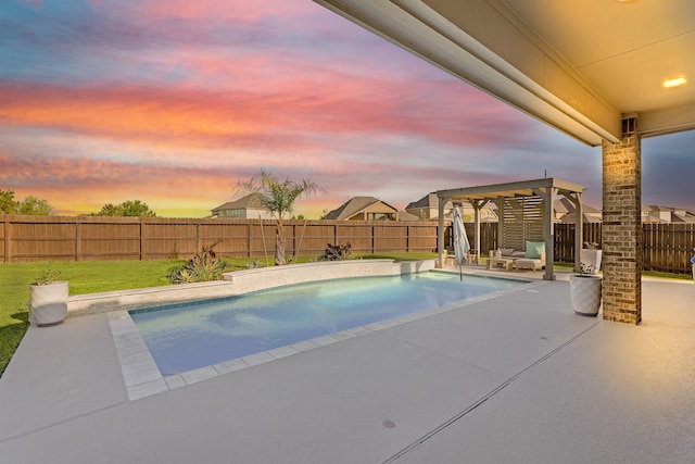 view of swimming pool with a fenced backyard, a fenced in pool, a patio, and a lawn