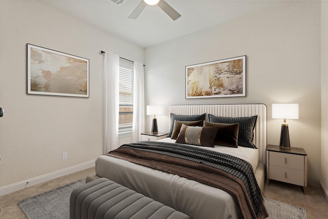 carpeted bedroom with baseboards and ceiling fan