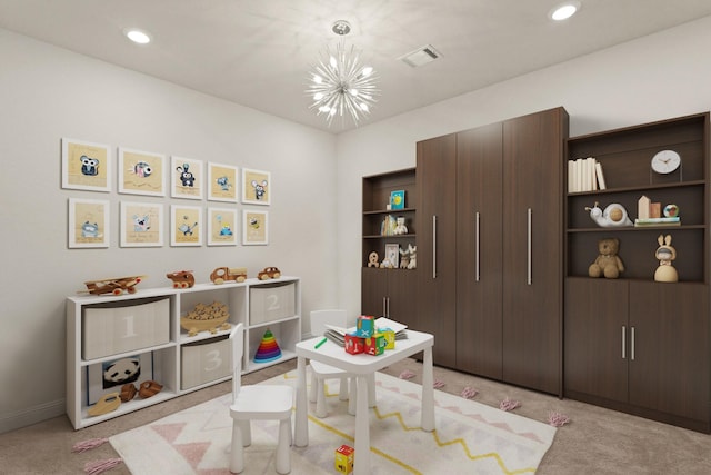 playroom featuring light carpet, a notable chandelier, recessed lighting, and visible vents