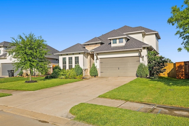 view of front facade featuring fence, a front yard, stucco siding, concrete driveway, and an attached garage