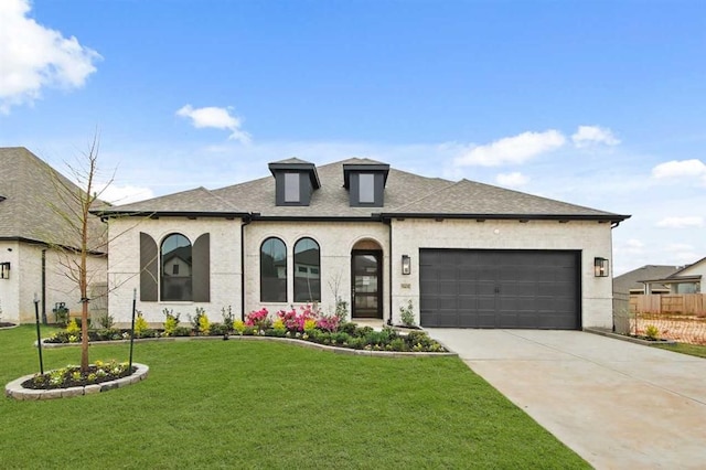 15615 Broadway Bnd, Conroe, TX 77302 - french country home featuring a front lawn, fence, a shingled roof, an attached garage, and driveway