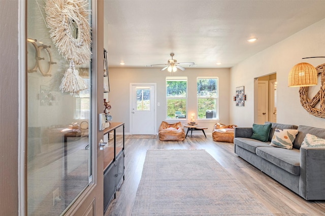 206 Damar Cv, Canyon Lake, TX 78133 - living room featuring recessed lighting, ceiling fan, and wood finished floors