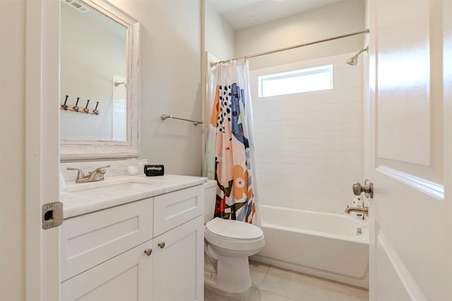 206 Damar Cv, Canyon Lake, TX 78133 - bathroom with visible vents, shower / bath combination with curtain, toilet, vanity, and tile patterned floors