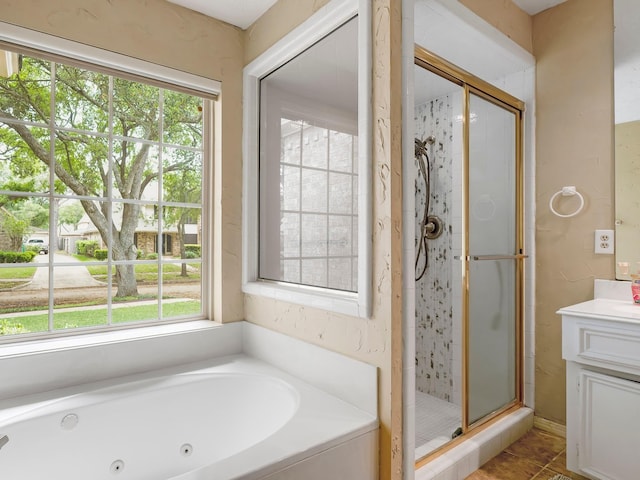 bathroom featuring a healthy amount of sunlight, vanity, and a stall shower