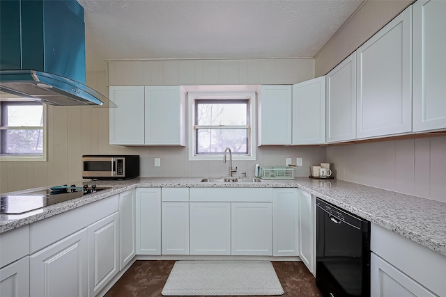 111 N 11th St, Highlands, TX 77562 - kitchen featuring island exhaust hood, a sink, black appliances, and white cabinetry