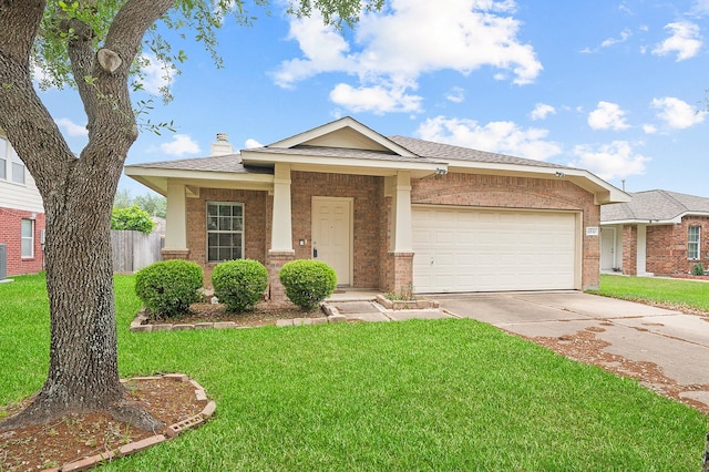 ranch-style home with a chimney, a front lawn, driveway, a garage, and brick siding