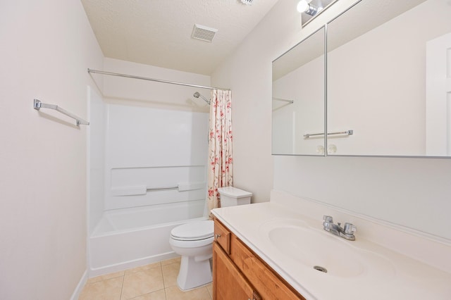 bathroom featuring vanity, shower / tub combo, toilet, tile patterned flooring, and visible vents