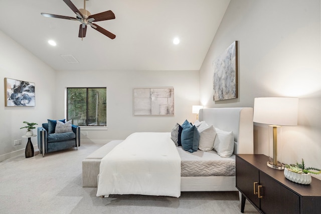 bedroom featuring visible vents, carpet, recessed lighting, and lofted ceiling