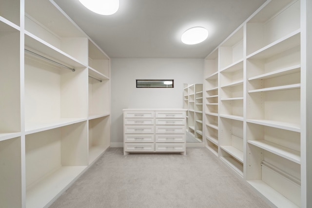 walk in closet with light carpet