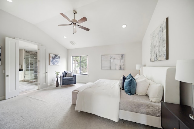bedroom with light colored carpet, visible vents, recessed lighting, baseboards, and vaulted ceiling