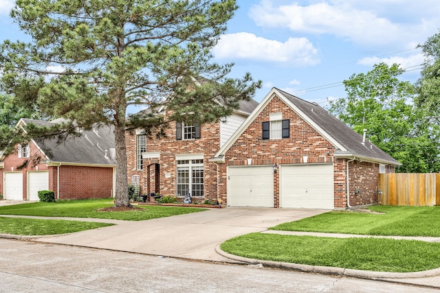traditional-style home featuring brick siding, fence, driveway, and a front yard