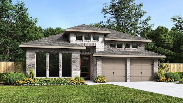 prairie-style house with a garage, a front yard, stone siding, fence, and driveway