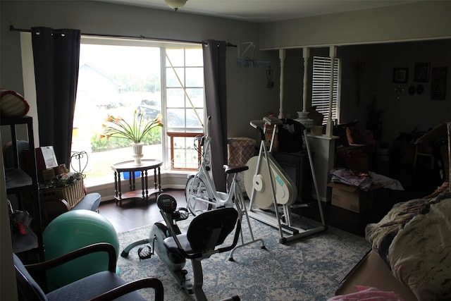 workout room with a wealth of natural light and wood finished floors