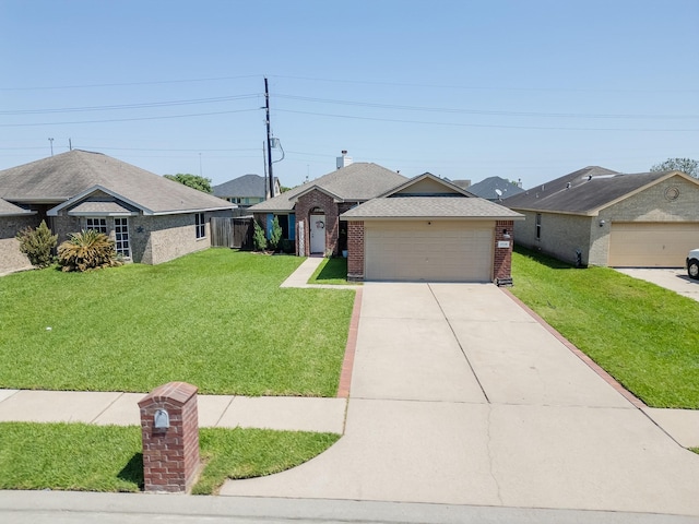 ranch-style home featuring concrete driveway, a front yard, fence, and brick siding