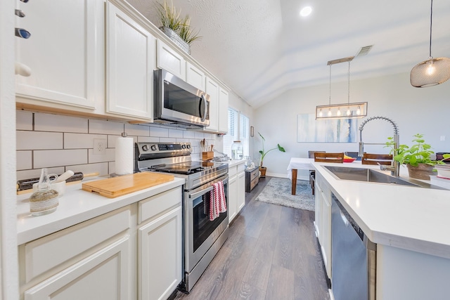 kitchen featuring tasteful backsplash, dark wood-style flooring, a sink, lofted ceiling, and stainless steel appliances