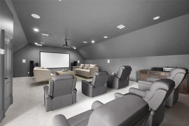 home theater with lofted ceiling, recessed lighting, baseboards, and carpet floors