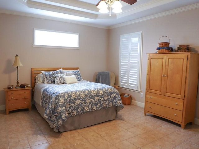 bedroom featuring crown molding, a raised ceiling, and light tile patterned floors