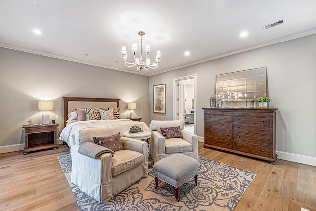 3028 Locke Ln, Houston, TX 77019 - bedroom with a chandelier, baseboards, light wood-type flooring, ornamental molding, and recessed lighting