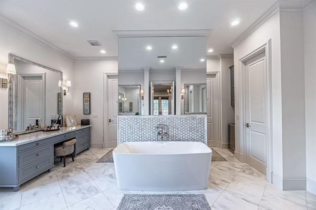 3028 Locke Ln, Houston, TX 77019 - full bathroom featuring ornamental molding, marble look tile flooring, a soaking tub, vanity, and recessed lighting