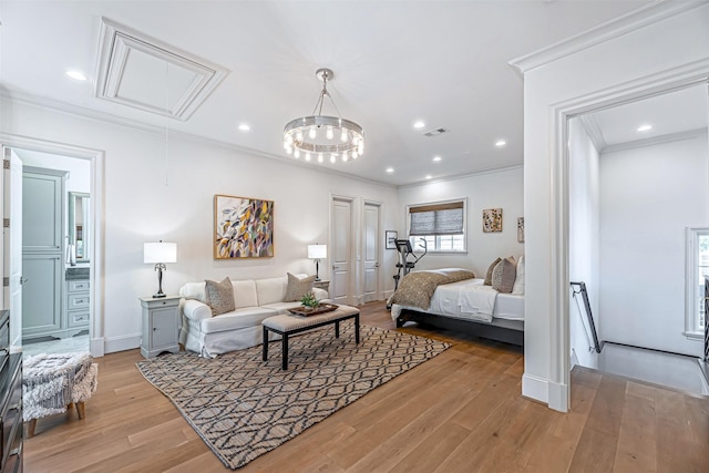 3028 Locke Ln, Houston, TX 77019 - bedroom featuring attic access, ornamental molding, light wood-type flooring, baseboards, and recessed lighting