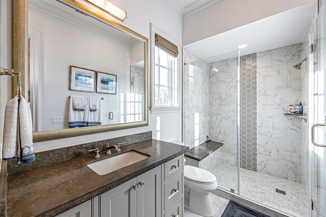 3028 Locke Ln, Houston, TX 77019 - full bathroom featuring toilet, a marble finish shower, vanity, and ornamental molding