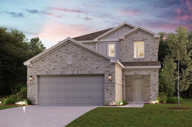 17824 Lionheart Rd, Conroe, TX 77306 - traditional-style house featuring a garage, a front yard, brick siding, board and batten siding, and concrete driveway