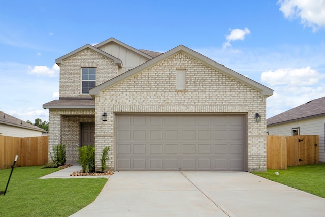 17824 Lionheart Rd, Conroe, TX 77306 - traditional-style home featuring fence, a front lawn, brick siding, board and batten siding, and concrete driveway
