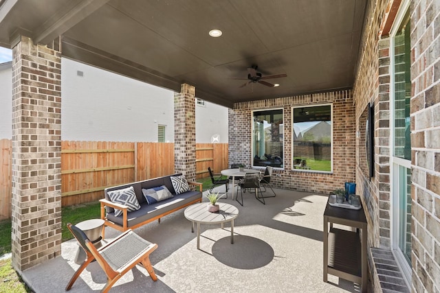 500 Dove Meadow Ln, Katy, TX 77493 - view of patio with outdoor lounge area, a ceiling fan, and outdoor dining space