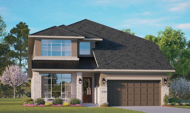 500 Dove Meadow Ln, Katy, TX 77493 - view of front of home featuring brick siding, an attached garage, driveway, a front lawn, and stucco siding