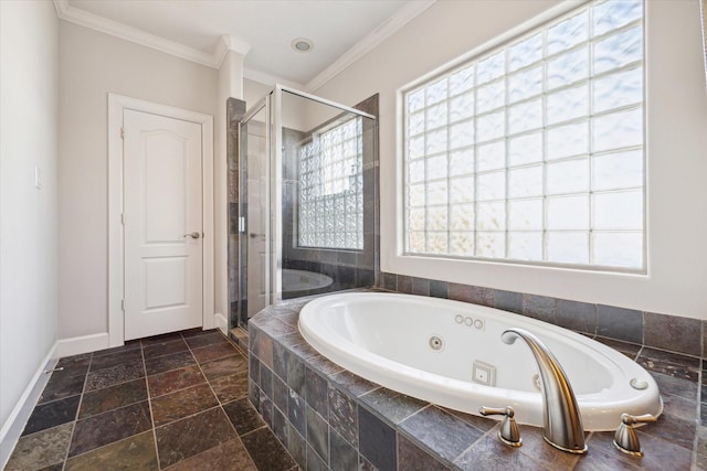 5768 Sugar Hill Dr, Houston, TX 77057 - full bathroom featuring a whirlpool tub, baseboards, crown molding, and a healthy amount of sunlight
