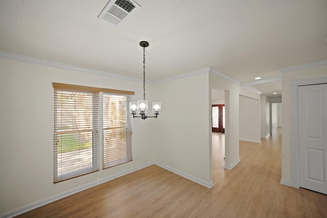 13510 Cedar Point Dr, Cypress, TX 77429 - unfurnished dining area featuring an inviting chandelier, light wood finished floors, visible vents, and baseboards
