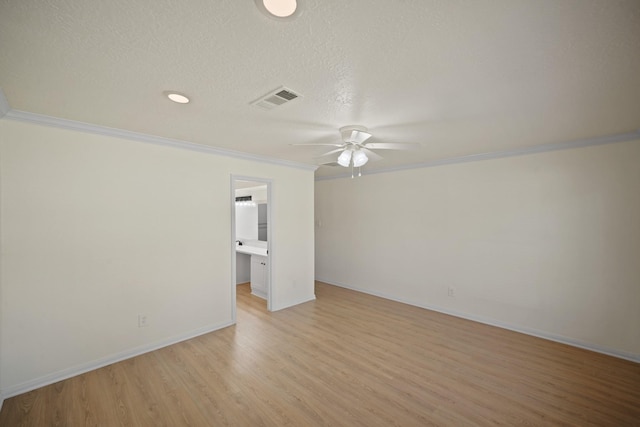 13510 Cedar Point Dr, Cypress, TX 77429 - unfurnished room featuring light wood finished floors, baseboards, visible vents, ceiling fan, and ornamental molding
