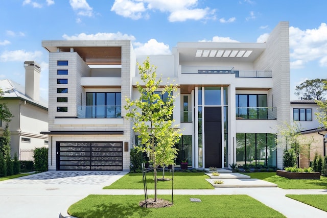 310 E Cowan Dr, Houston, TX 77007 - contemporary home featuring a front yard, driveway, stucco siding, and an attached garage